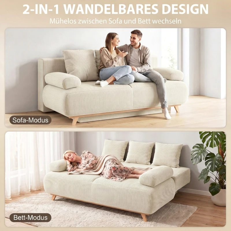 HOMCOM Schlafsofa mit verstellbarer Rückenlehne, Bettfunktion, verstecktem Stauraum und Cordbezug, Beige