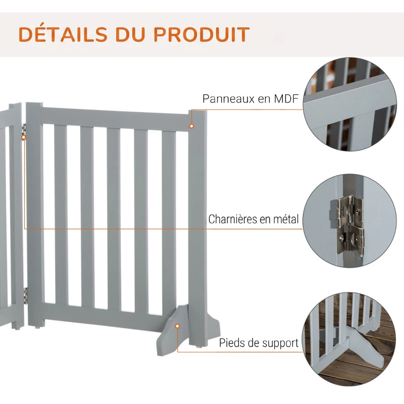 PawHut Barrière de Sécurité Chien Pliable Double Face en Bois, 4 Panneaux avec Porte, Pieds de Support, 205 x 60 cm, Gris