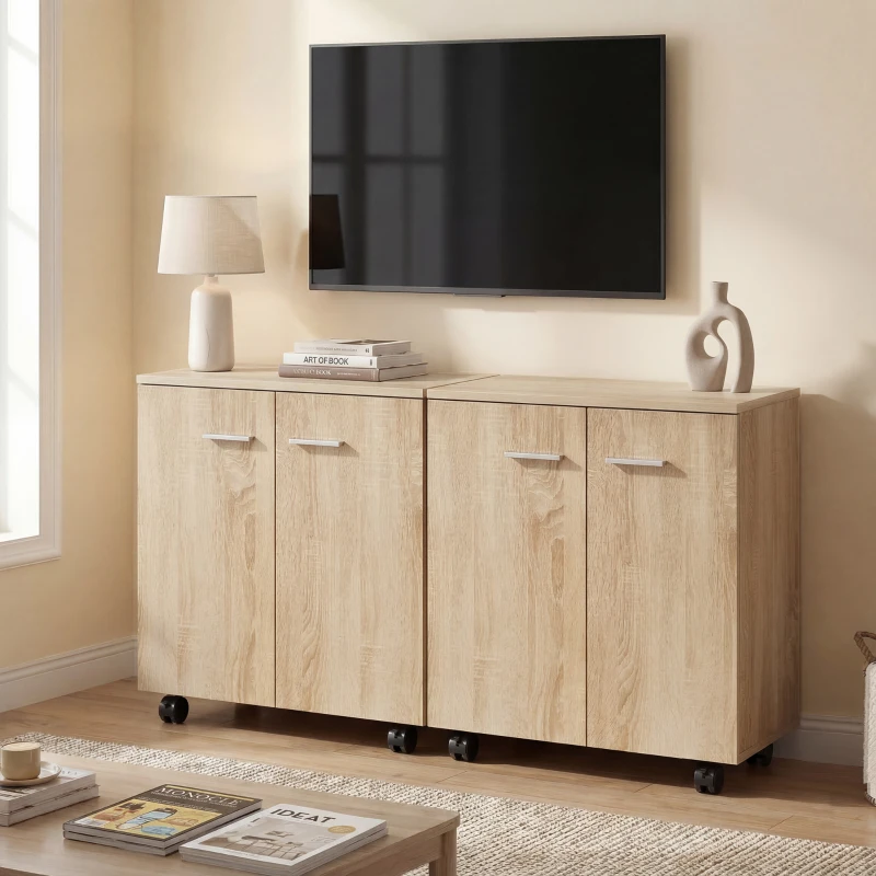 HOMCOM Aparador de Salón conRuedas 2 Puertas y Estantes para Sala de Estar Dormitorio Oficina 60x35x65 cm Natural