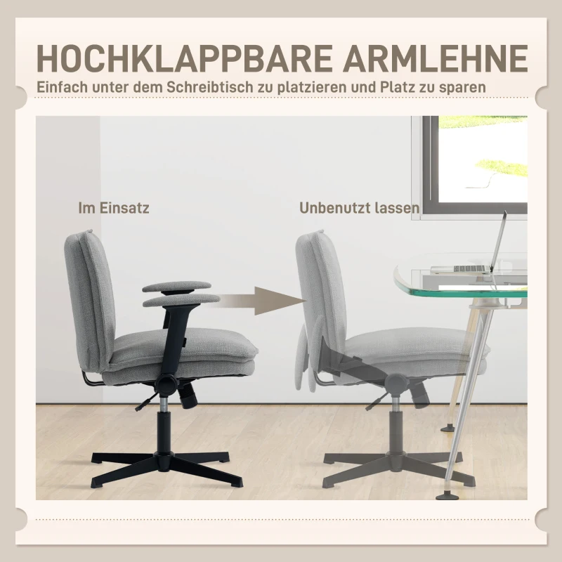 HOMCOM Bureaustoel met opklapbare armleuningen, brede bureaustoel in linnenlook, hoogteverstelbaar, stalen basis, grijs