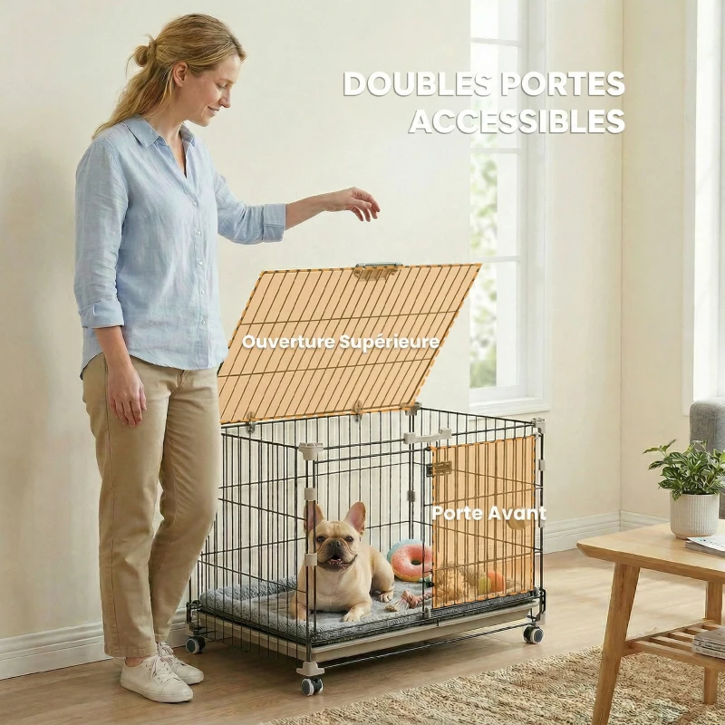 PawHut Cage pour Chien, Plateau Amovible, Roues avec Freins, Toit Ouvrant Verrouillable, 60,5x45,5x54,5cm, Noir