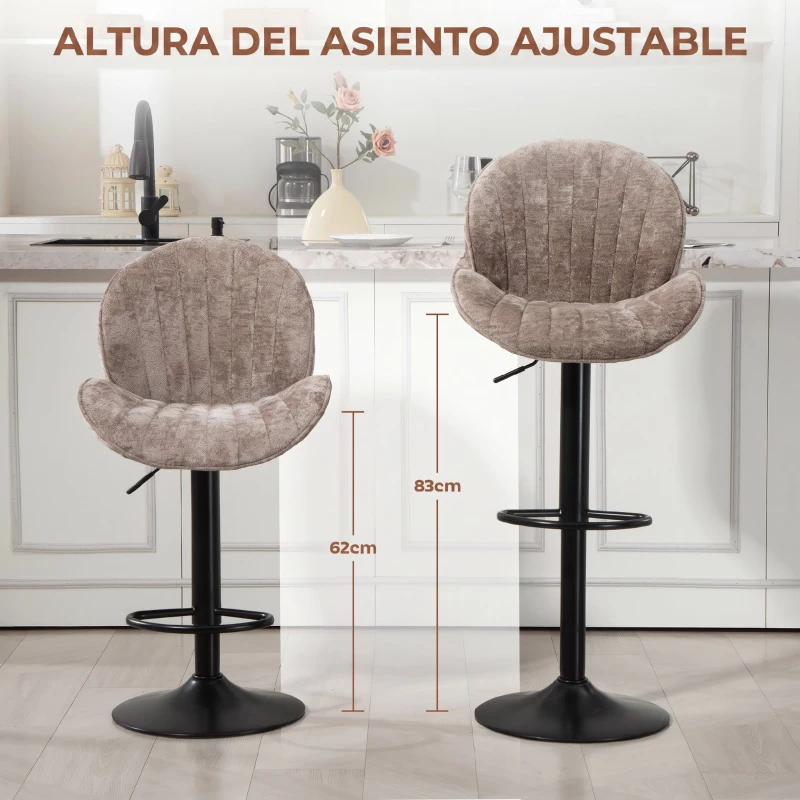 HOMCOM Juego de 2 Taburetes de Bar Giratorios con Altura Ajustable 62-83 cm Tapizada en Chenilla Respaldo y Reposapiés Moca