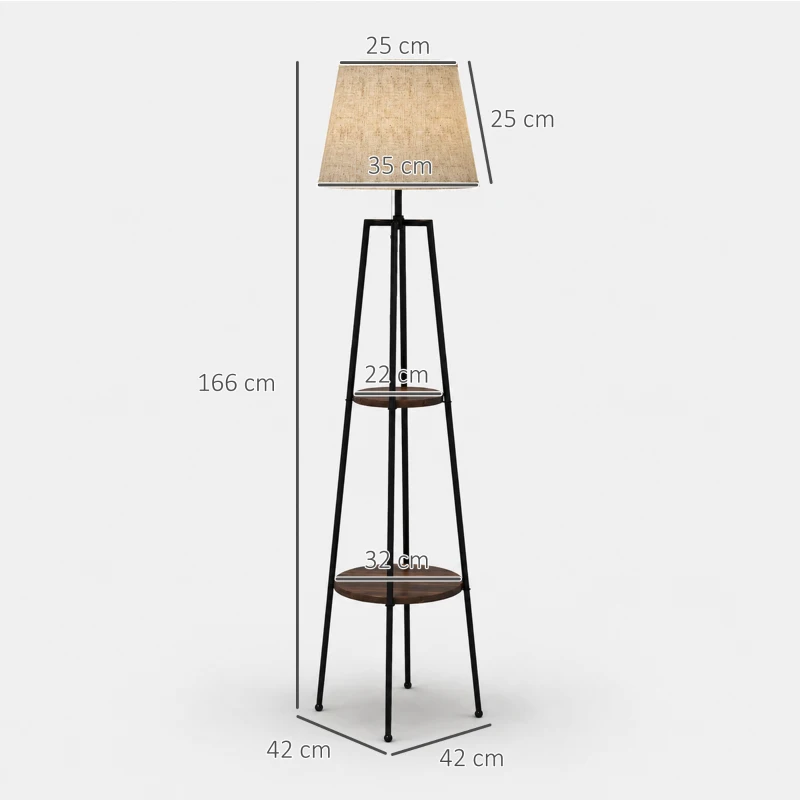 HOMCOM Lampada da Terra a 2 Ripiani in Metallo e MDF con Paralume in Tessuto, Ø42x166 cm, Nero e Marrone