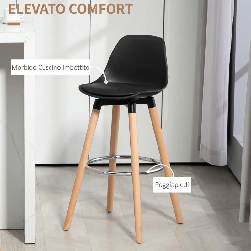 HOMCOM Set 2 Sgabelli Bar in PU Moderni, Sgabelli Cucina Alti con Schienale, Poggiapiedi in Acciaio, Seduta Alta 69 cm Imbottita, Gambe in Legno