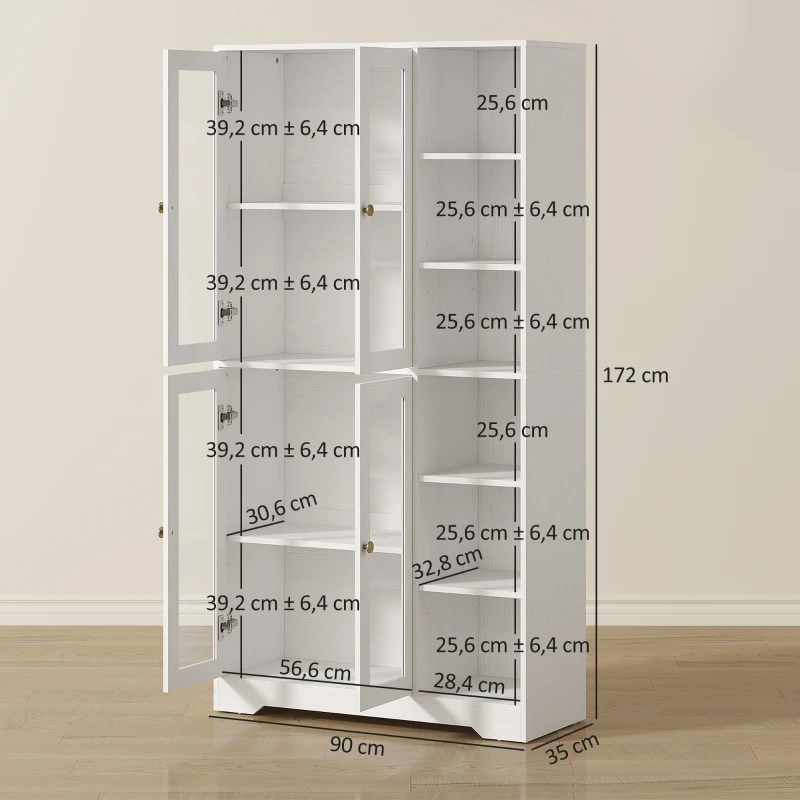 HOMCOM Buffet haut cuisine, vaisselier vitrine avec 4 portes à fermeture douce en verre trempé, 90x35x172cm, blanc