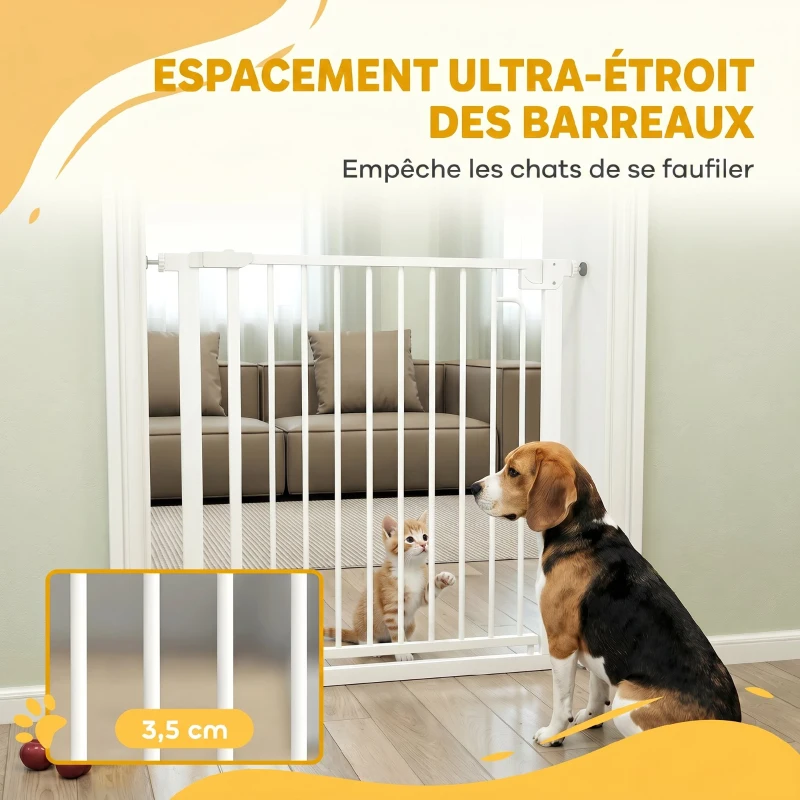 PawHut Barrière de sécurité pour chiens et bébés 76 à 80 cm avec extension fixation par pression sans perçage 76 à 80cm blanc