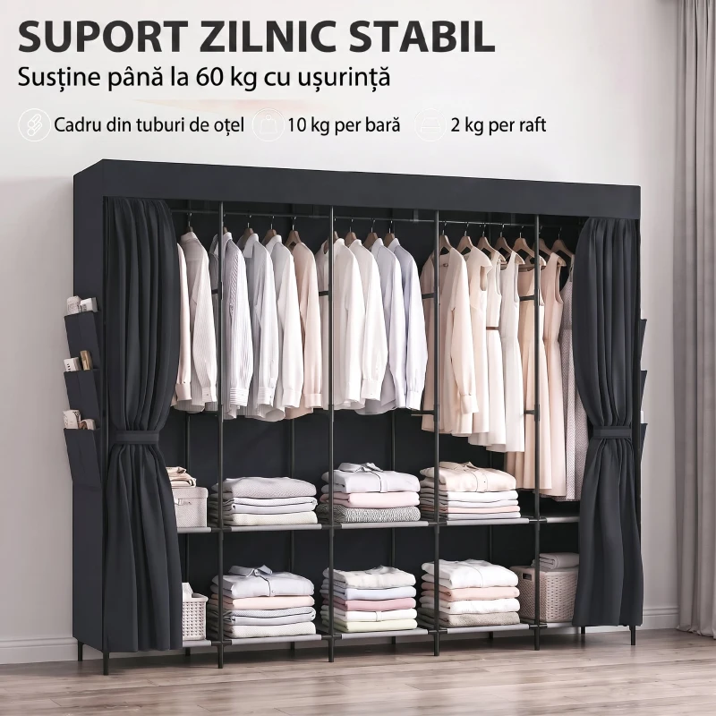 HOMCOM Dulap Textil Compact cu 5 Bare, 5 Rafturi, 6 Buzunare Laterale, Uși Anti-Praf cu Fermoar, Negru