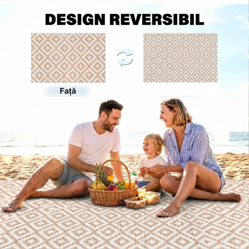 Outsunny Covor Exterior pentru Balcon și Terasă Reversibil cu Model Geometric, 2.74x1.82 m, Cafea și Alb