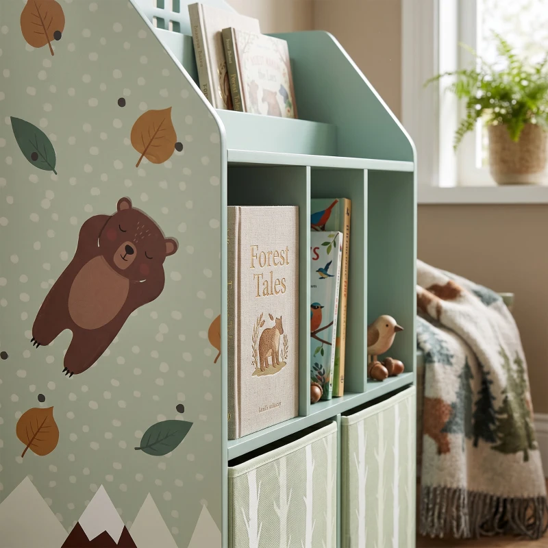 AIYAPLAY Kinderkast Boekenrek Kinderen met 2 Stoffen Lades Open Rek voor 3-8 Jaar 62,5x30x91,5 cm Groen
