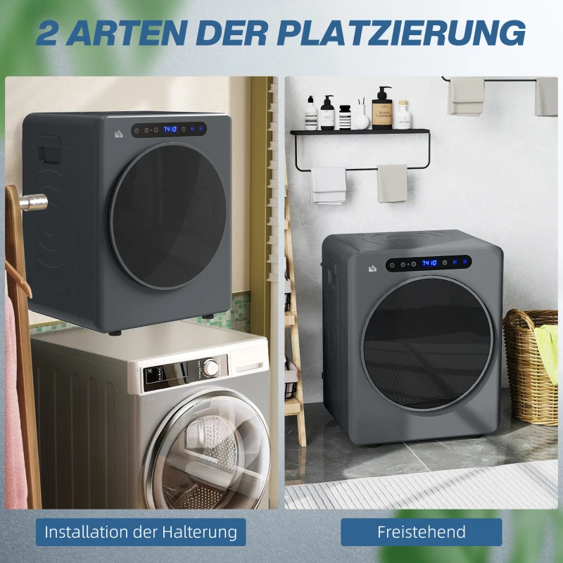 HOMCOM Wasdroger, 6 programma's, 40-60℃, 3 kg capaciteit, compact, touch-bediening, Grijs(m-7)
