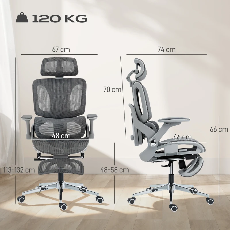 HOMCOM Ergonomische mesh bureaustoel met gesplitste rugleuning, lendensteun en 4D opklapbare armleuningen, grijs