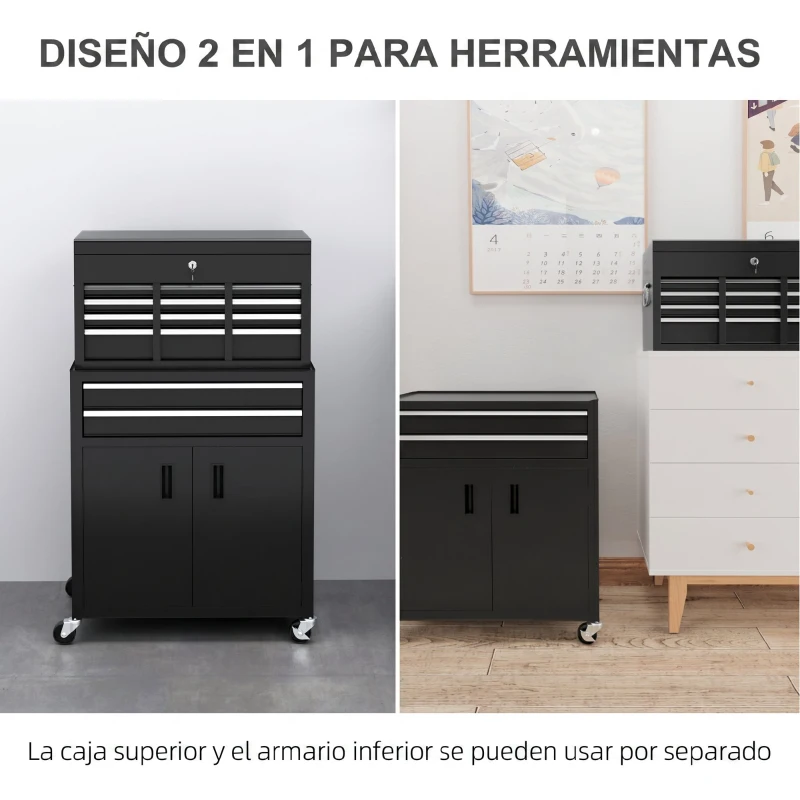 HOMCOM Carro de Herramientas con Baúl Superior 6 Cajones Armario Cerradura 4 Ganchos para Garaje Hogar Negro