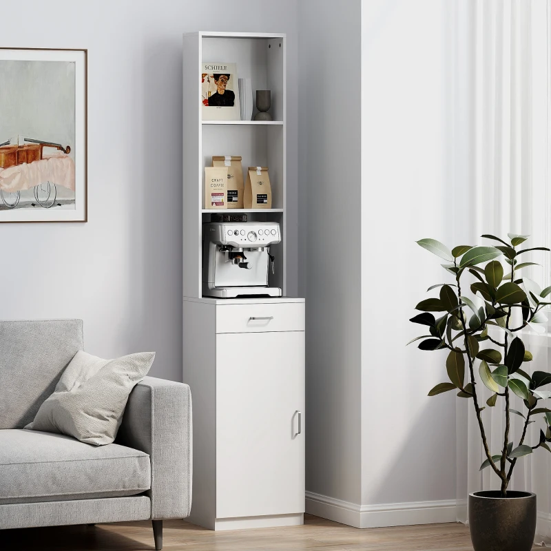 HOMCOM Hoge Badkamerkast, Smal Ontwerp, Lade, Schappen, Kast, Spaanplaat, Wit