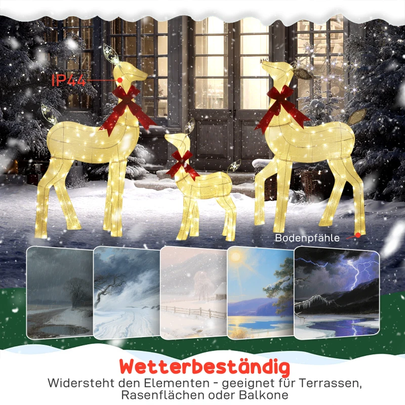 Outsunny 3-delige verlichte rendierfamilie | LED-kerstdecoratie met rode strik, staal & polyester, waterbestendig