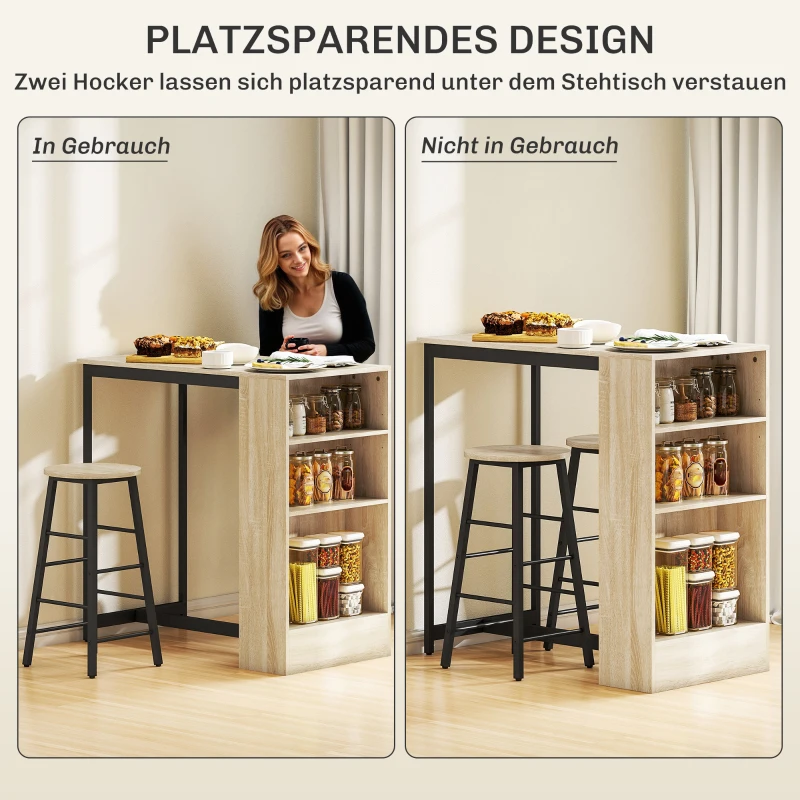 HOMCOM 3-delige Bartafelset, 1 Counter, 2 Stoelen, met Opbergruimte en Voetsteunen, Ruimtebesparend, Lichtbruin+Zwart(m-6)