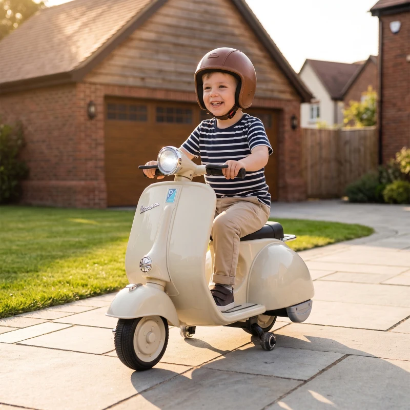 AIYAPLAY Mota Elétrica Infantil VESPA com Arranque Suave, Rodinhas, Luz, Música e USB - Branco