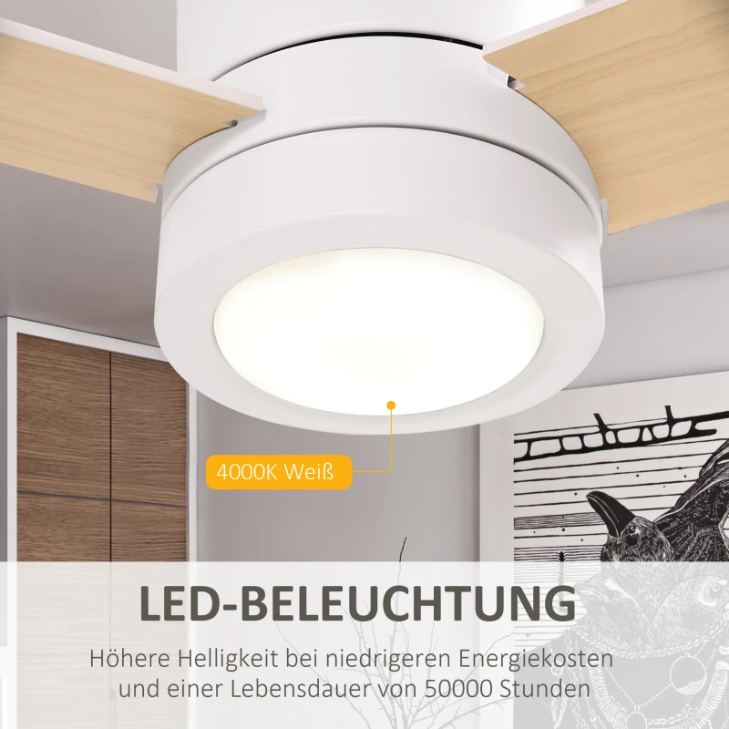 HOMCOM Plafondventilator met LED-licht, 2-in-1 ontwerp, met timer, afstandsbediening, plafondlamp met ventilator, Wit+Natuurhout