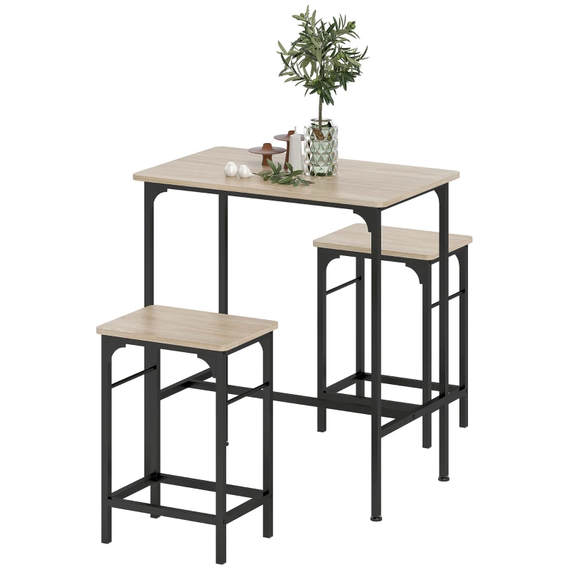 HOMCOM Bartafel Set met Barkrukken Eettafel met 2 Stoelen met Antislip Voetpad Natuurlijk Hout