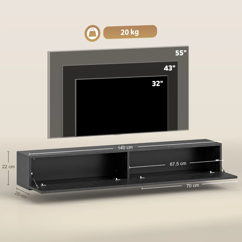HOMCOM Meuble TV suspendu 140cm, meuble télé pour téléviseur 72 pouces, 2 portes rabattables, 140x25x22cm, noir