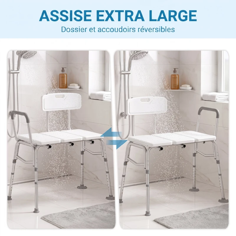 HOMCOM Banc de Transfert Baignoire, Hauteur Réglable à 10 Niveaux, Large Assise, Dossier, Accoudoir, 86x60x89-101cm, Blanc