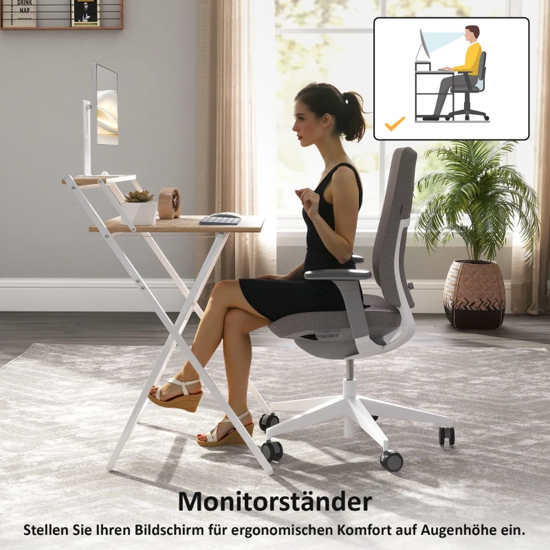 HOMCOM Biurko z podstawką pod monitor, 70 cm składane biurko komputerowe do home office, małe pomieszczenia, naturalne