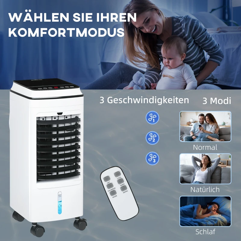 HOMCOM Ventilator, Luchtkoeler en Klimaatunit, 3 Modi, Afstandsbediening, Timer, Op Wielen, Wit