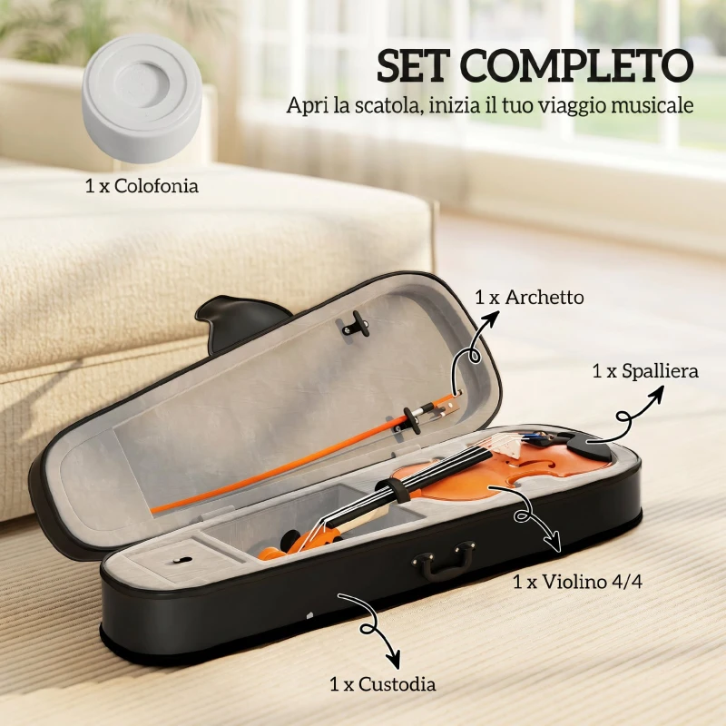 HOMCOM Violino 4/4 in Legno per Principianti e Adulti con Custodia, Arco, Spalliera e Pece, Manico e Testa in Acero, Nero