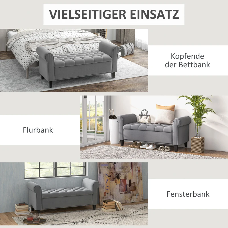 HOMCOM Zitbank Polsterbank Bedbank, Knoopstiksel, Fluweelachtige Afwerking, 126 cm x 48,5 cm x 57 cm, Grijs(m-7)