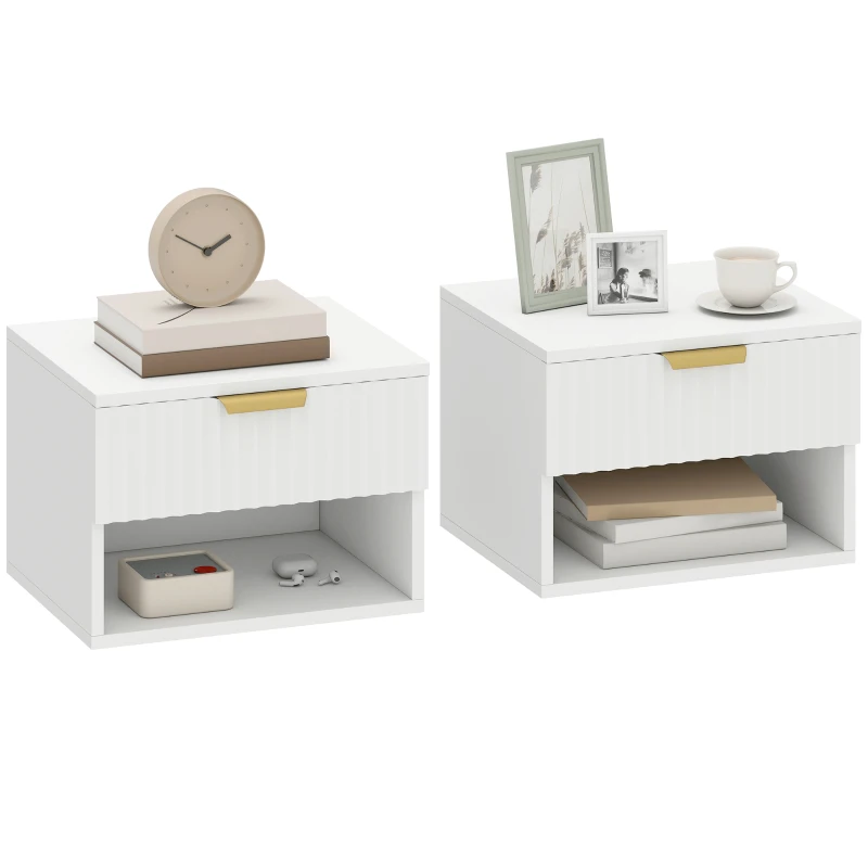 HOMCOM Set de 2 Noptiere Suspendate cu Panouri Canelate, Sertar și Raft, 40x34x29 cm, Alb