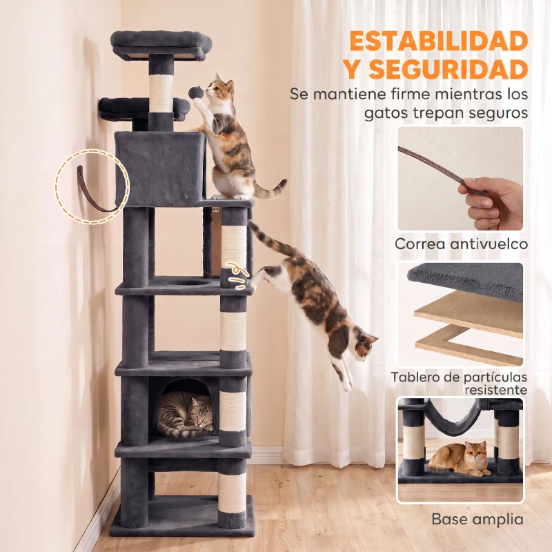 PawHut Árbol Rascador para Gatos 204 cm Multinivel con 2 Cuevas Hamaca 2 Camas Postes de Sisal Escalera 2 Bolas Gris Oscuro
