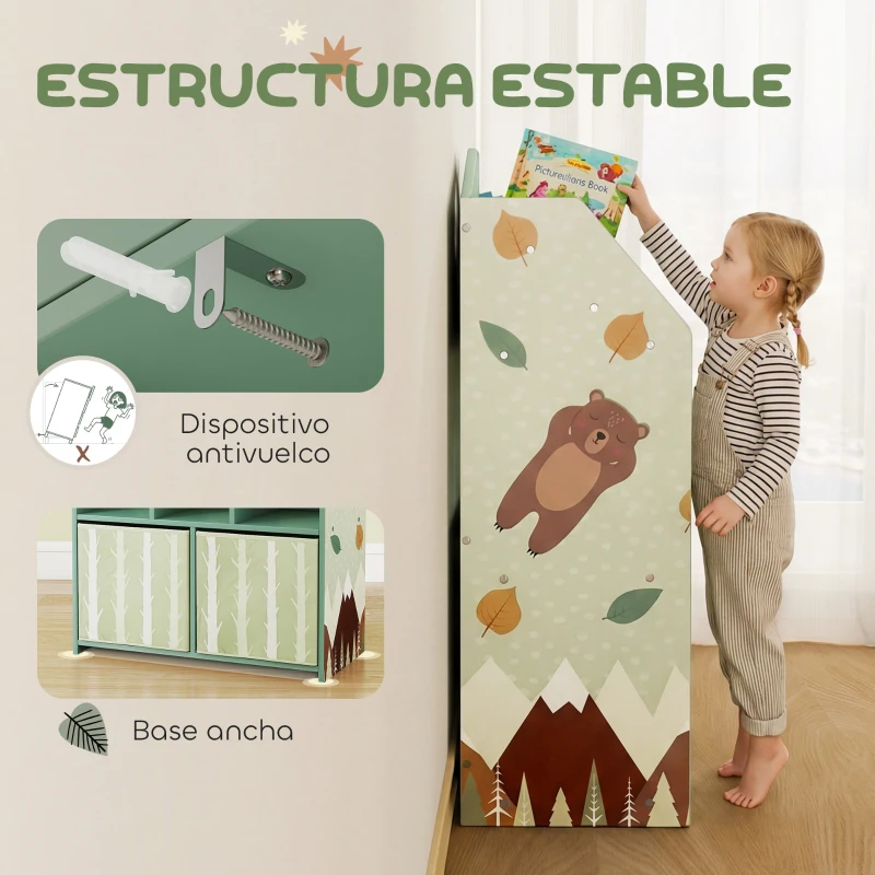 AIYAPLAY Estantería Infantil para Juguetes con Cajones de Tela Estantes Abiertos Diseño de Ositos Organizador de Juguetes Verde