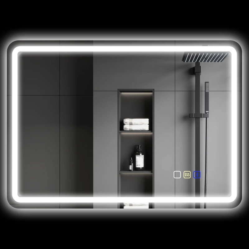 HOMCOM Badkamerspiegel met LED-verlichting, Anti-condensfunctie, Instelbare Kleuren (3 opties), 70 x 90 cm, Zilver