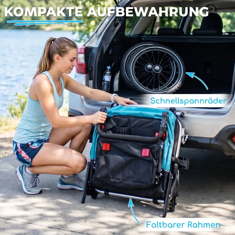 AIYAPLAY Fahrradanhänger für Kinder, 2-Sitzer, 2-in-1 faltbarer Kinderfahrradanhänger mit verstellbarem Sitz und Gurten, Blau