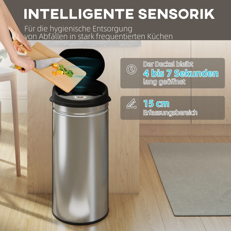 HOMCOM 42 Liter Sensorafvalemmer met Soft-Close-functie, contactloze afvalemmer van roestvrij staal voor hygiënische keukens