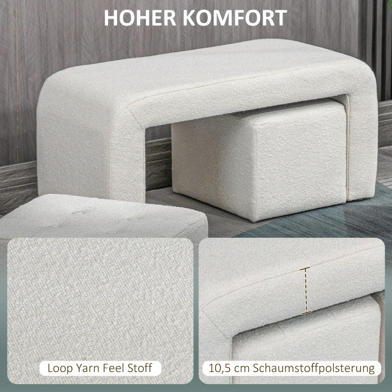 HOMCOM Voetenbankenset - 3-delige voetenbankenset, knoopsgatontwerp, 89 cm x 42,5 cm x 45 cm, crème