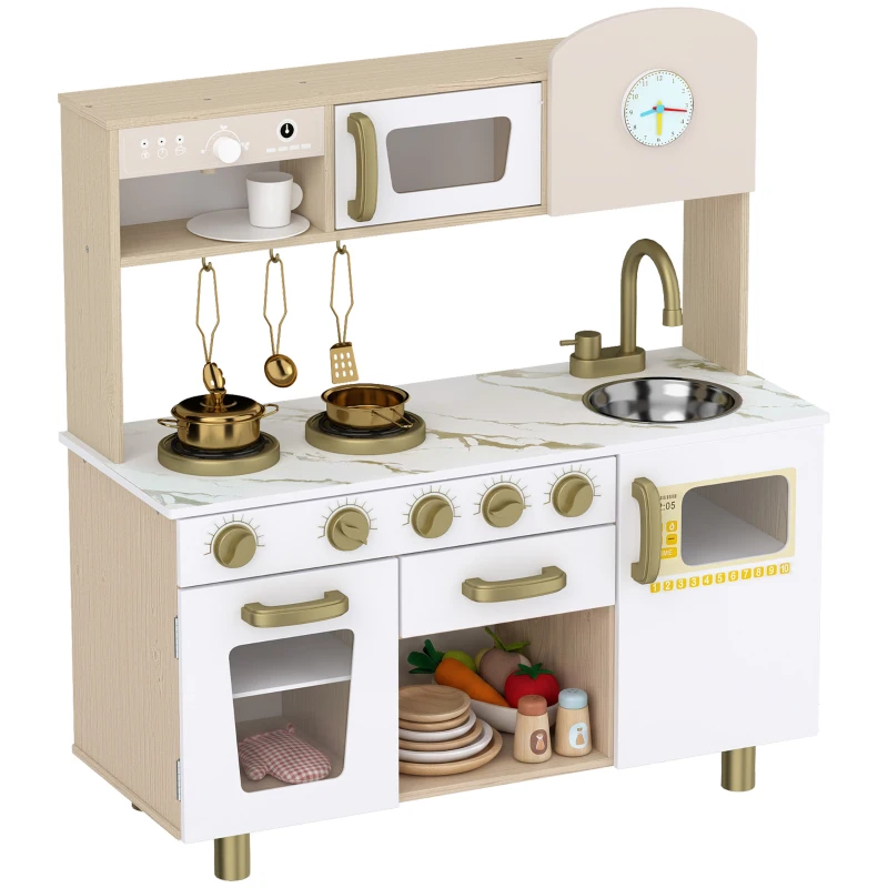 AIYAPLAY Cuisine Enfant en Bois, Dinette Cuisine Enfant avec Ustensiles en Acier Inoxydable, pour 3 à 6 Ans, 74x29x81cm, Blanc