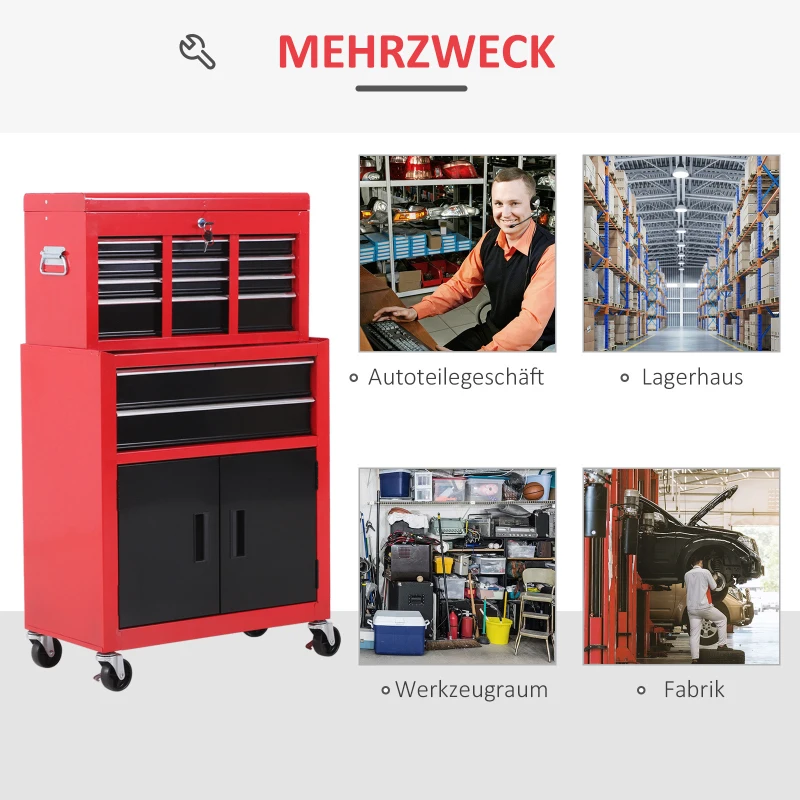 HOMCOM Gereedschapskast met Gereedschapskist, Op Wielen, 6 Laden, Metaal, Rood
