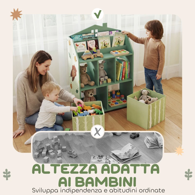 AIYAPLAY Libreria per Bambini a 3 Livelli con Cassetti e Scaffali, in Legno e Tessuto, 62.5x30x91.5 cm, Verde