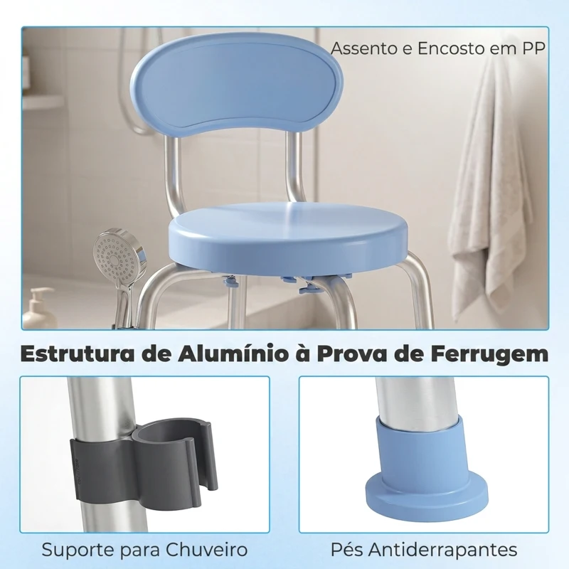 HOMCOM Cadeira de Duche Giratória 360° para Idosos com Encosto Antiderrapante e Altura Regulável em Alumínio Azul Claro