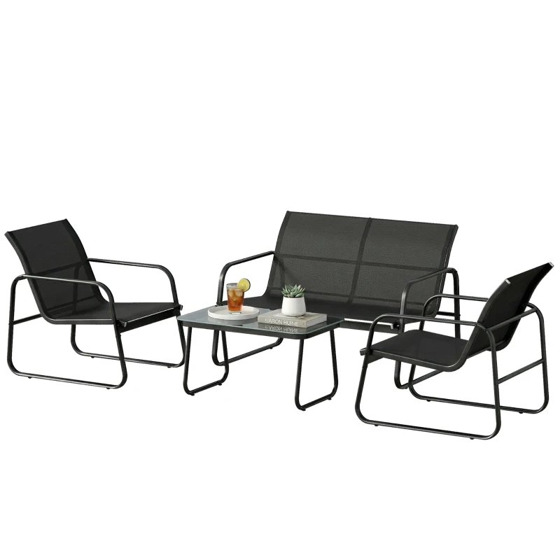 Outsunny Conjunto Jardín Exterior de 4 Piezas con Sofá de 2 Plazas 2 Sillones Mesa de Vidrio Templado Tela Textilene Gris Oscuro