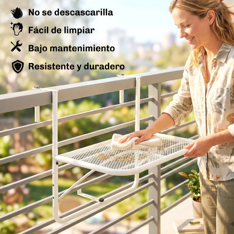 Outsunny Mesa Colgante de Balcón con Brazo Regulable y Altura Ajustable en 3 Posiciones Marco Metálico 60x56x50 cm Blanco