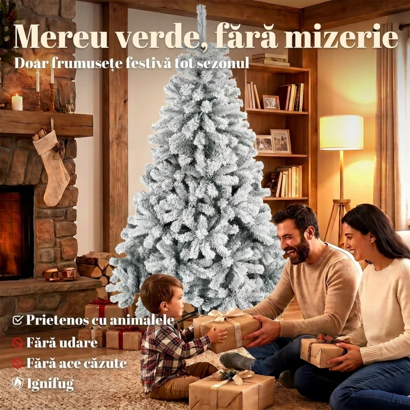 HOMCOM Brad Artificial de Crăciun 180 cm cu 650 Ramuri Ignifuge, Efect Înzăpezit Realist și Bază din Oțel, Verde și Alb