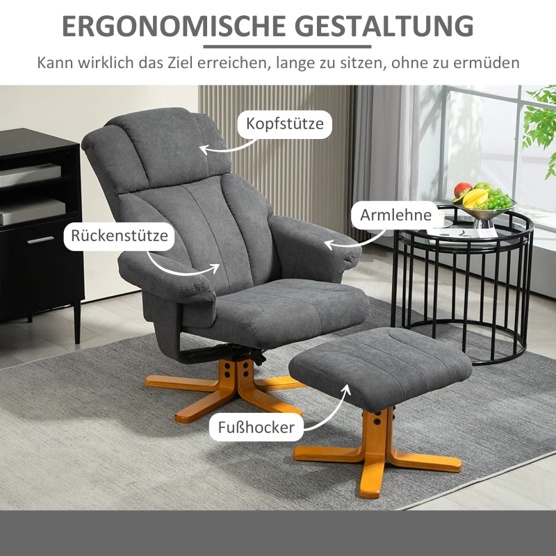 HOMCOM Verstelbare Fauteuil met Voetenbankje met Hoge Rugleuning en Houten Frame voor Woonkamer, Slaapkamer, Donkergrijs