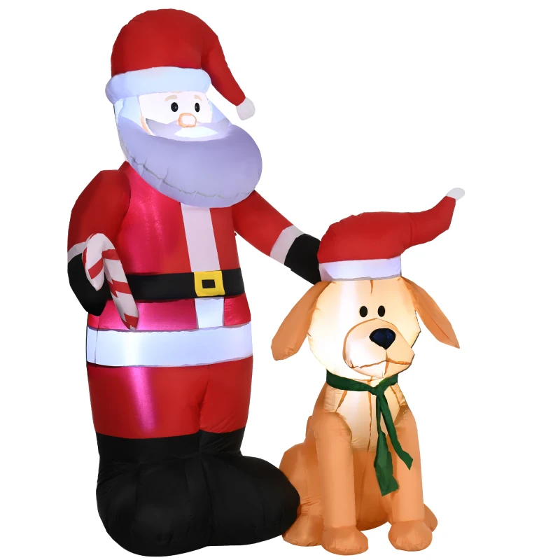 Outsunny 157 cm Opblaasbare Kerstman met Hond Kerstdecoratie met LED