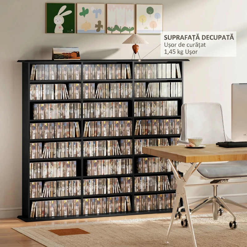 HOMCOM Dulap Suport Cd/dvd, Bibliotecă Con 8 Rafturi E 18 Rafturi Regolabili, Negru