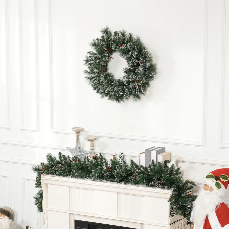 HOMCOM Kerstkrans met LED-Verlichting, Rode Bessen, Realistische Uitstraling, Ø60 x 10 cm, Groen