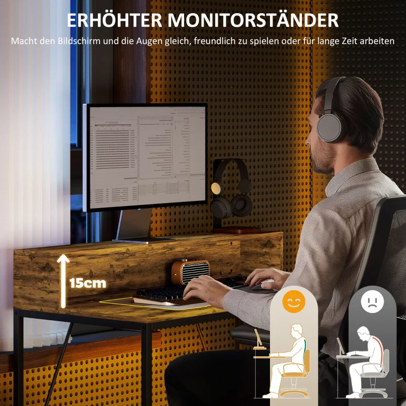 HOMCOM Computertafel met Aansluitingen, Bureau met Monitorstandaard en Plank, voor Thuiskantoor, Bureau, Werkkamer, Bruin