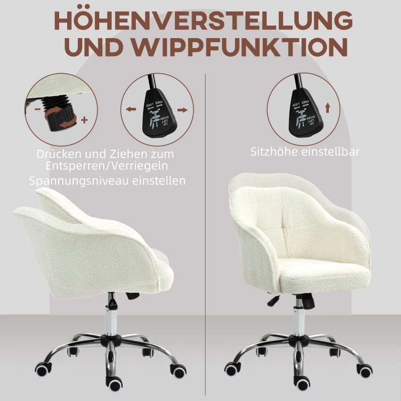 HOMCOM Homeoffice Stoel, Ergonomische Bureaustoel met Wippfunctie, Teddy-Velours 56 x 61 x 86 cm Cremewit(m-4)