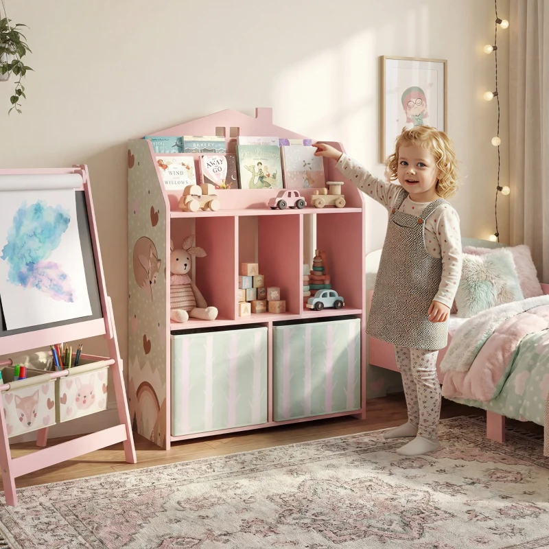 AIYAPLAY Kinderregal Bücherregal Kinder mit 2 Stoffschubladen offen Regal für 3-8 Jahre 62,5x30x91,5 cm Rosa