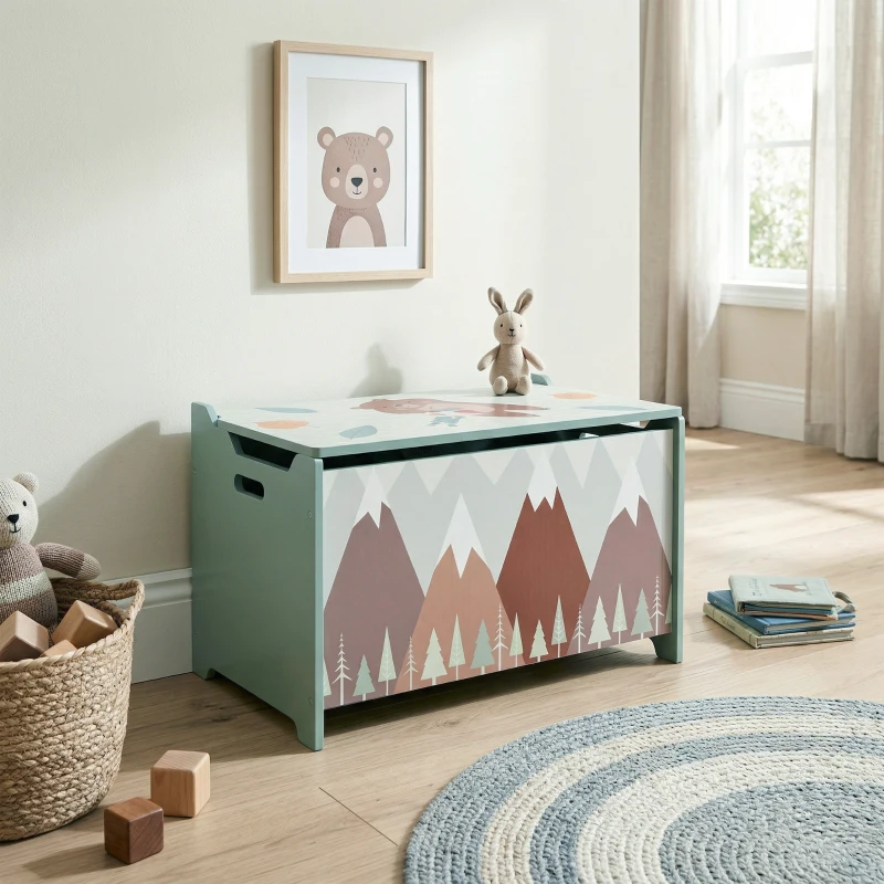 ZONEKIZ Baú de Brinquedos Organizador de Brinquedos para Crianças de 3 a 8 Anos com Estampado em Animaos 60x37x39 cm Verde